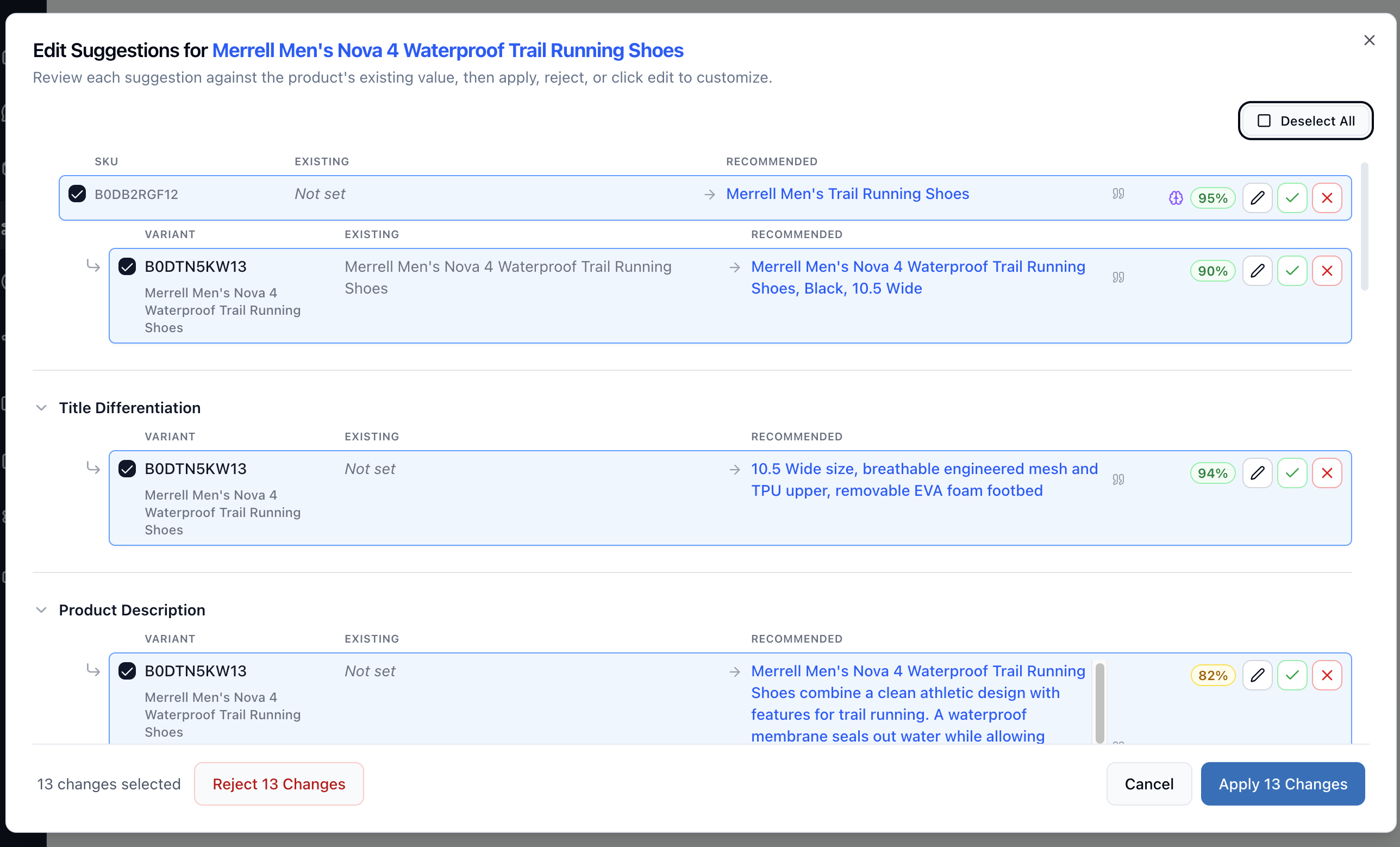 ReFiBuy's enrichment queue showing suggested Amazon product title and description changes with confidence scores and review controls.