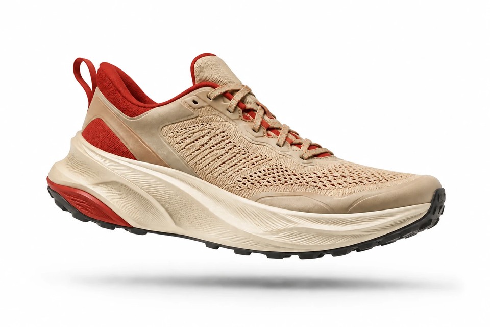 Sand-colored trail shoe with warm-red lining and heel accents