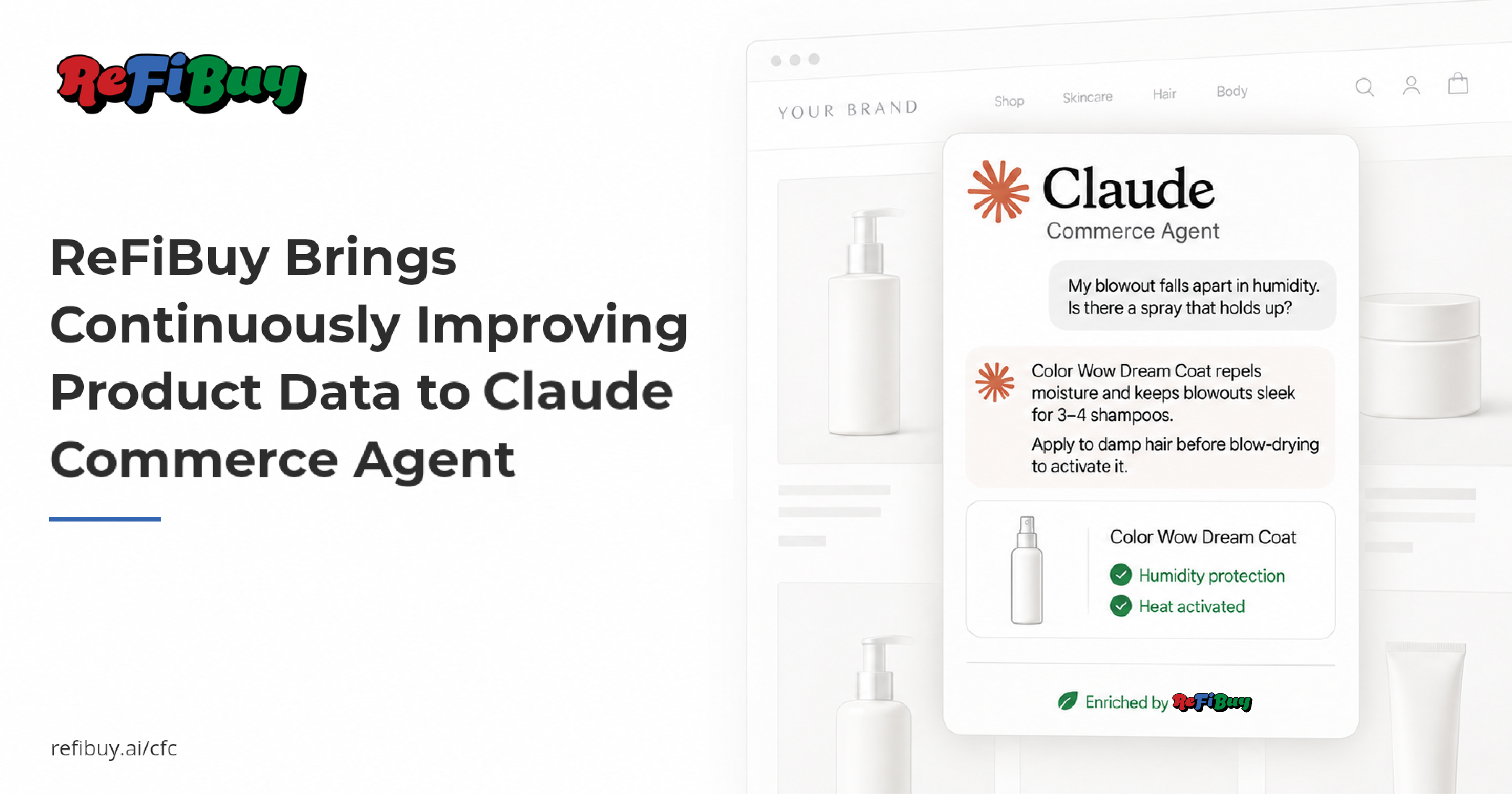 ReFiBuy announcement artwork showing Claude Commerce Agent and an illustrative humidity-related haircare recommendation.